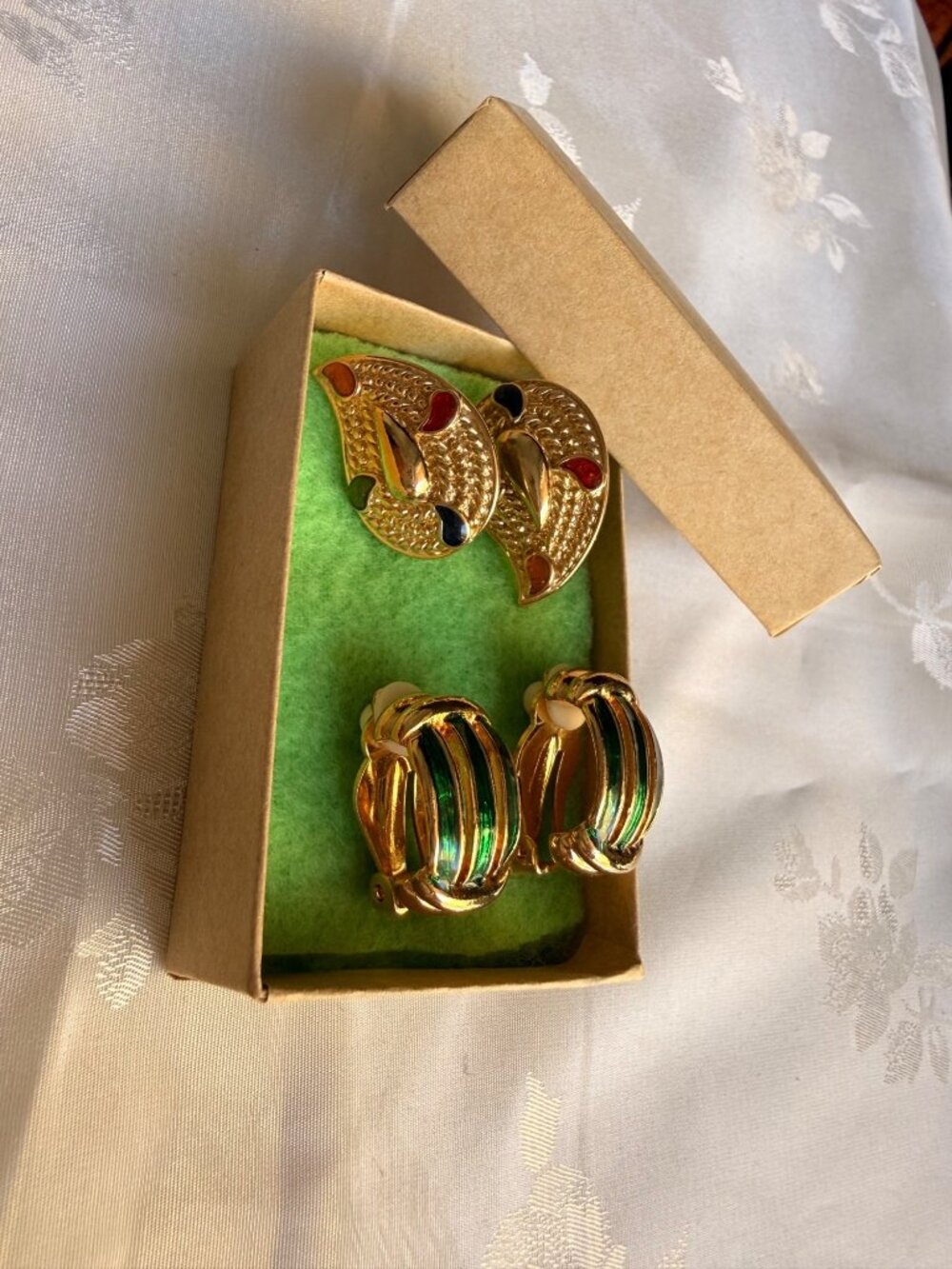 2 Pairs - Vintage GoldTone Clip-On Earrings - Paisly Multi-color & Green Striped